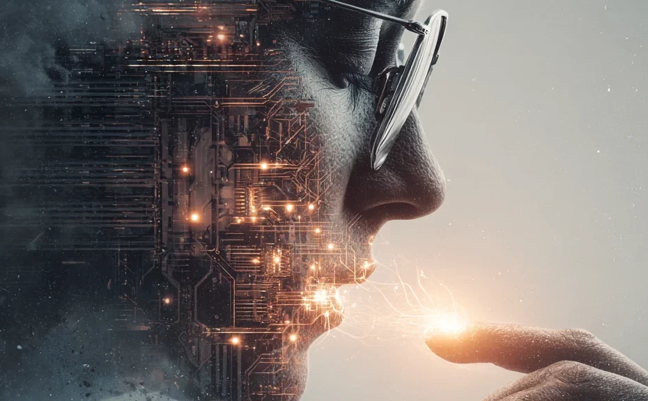 Close up portrait with digital code printed on top.