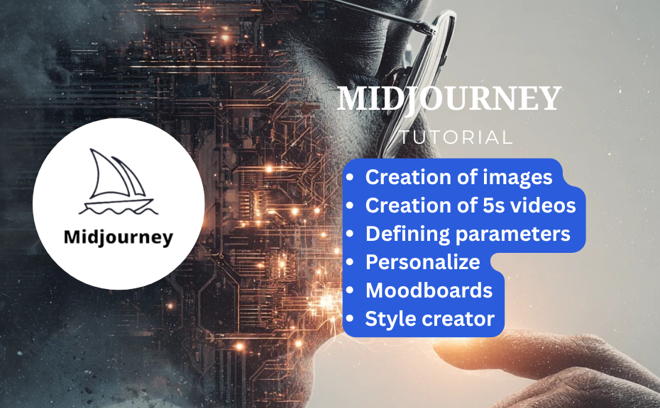 Portret closeup met logo van Midjourney en de tekst Tutorial, Creatie van afbeeldingen, 5s videos, parameters, personaliseren, moodboards en stijl creator.